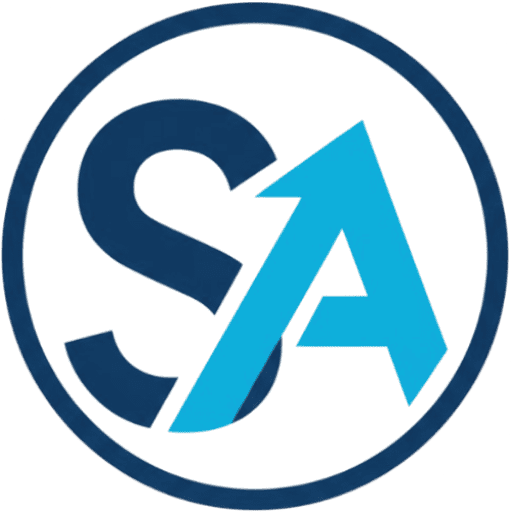 Blue and white SA logo with arrow