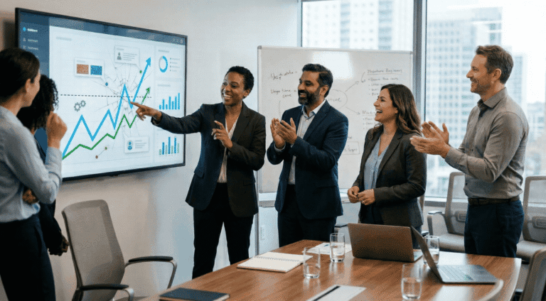 Colleagues celebrating success in a meeting