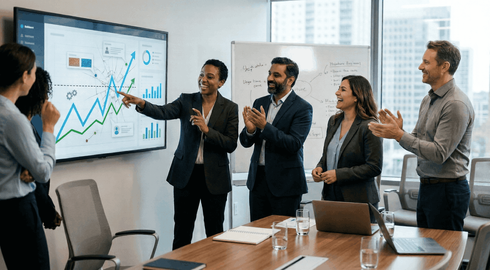 Colleagues celebrating success in a meeting