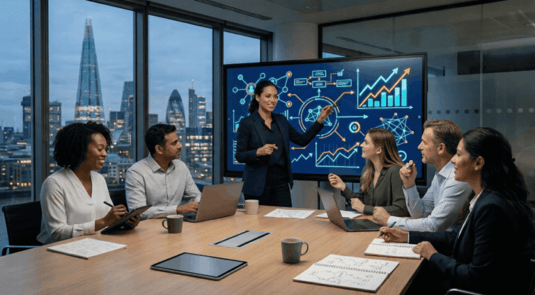 Team meeting with presentation in modern office