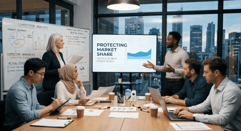 Business meeting with presentation screens