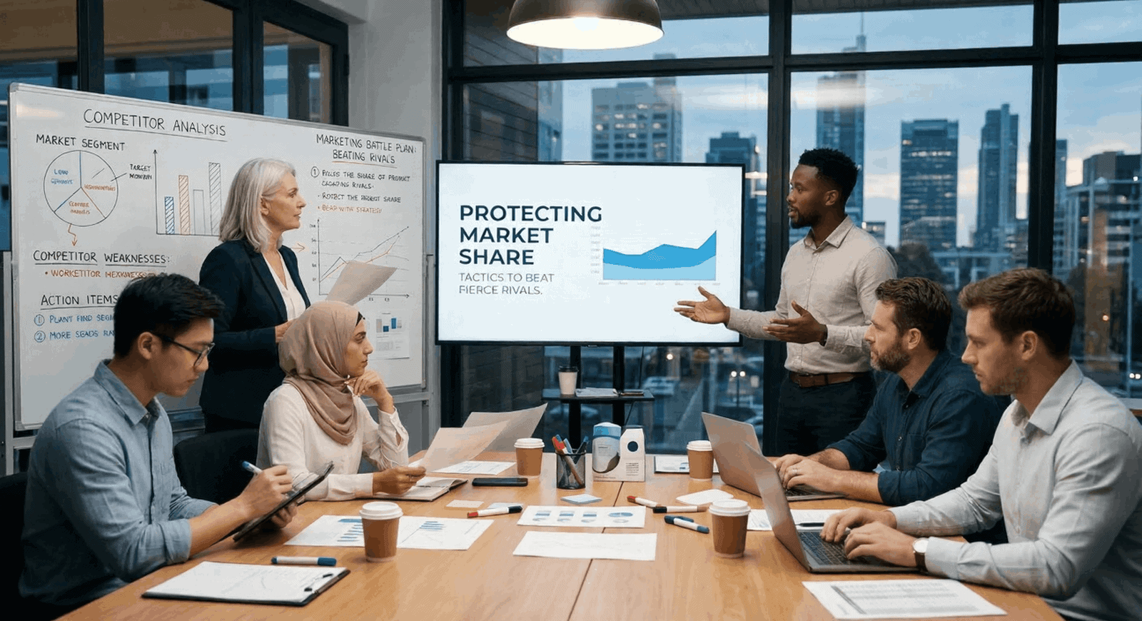 Business meeting with presentation screens