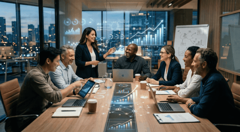 Business meeting with charts and discussions in office.