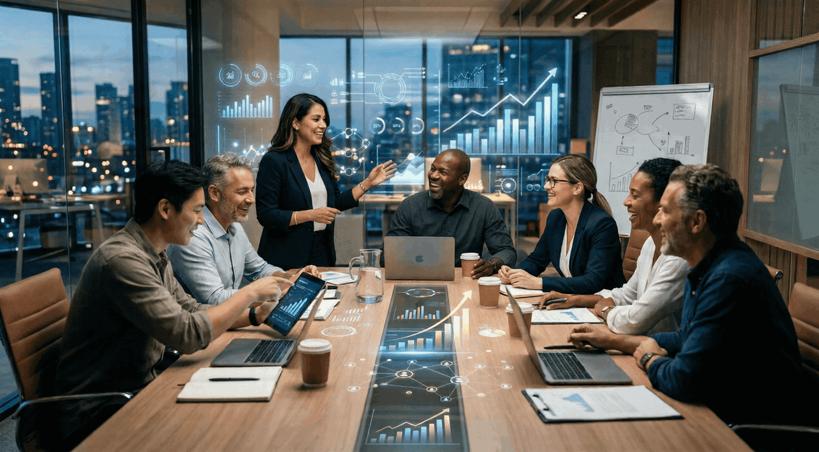 Business meeting with charts and discussions in office.