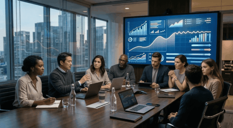 Business meeting in modern boardroom.