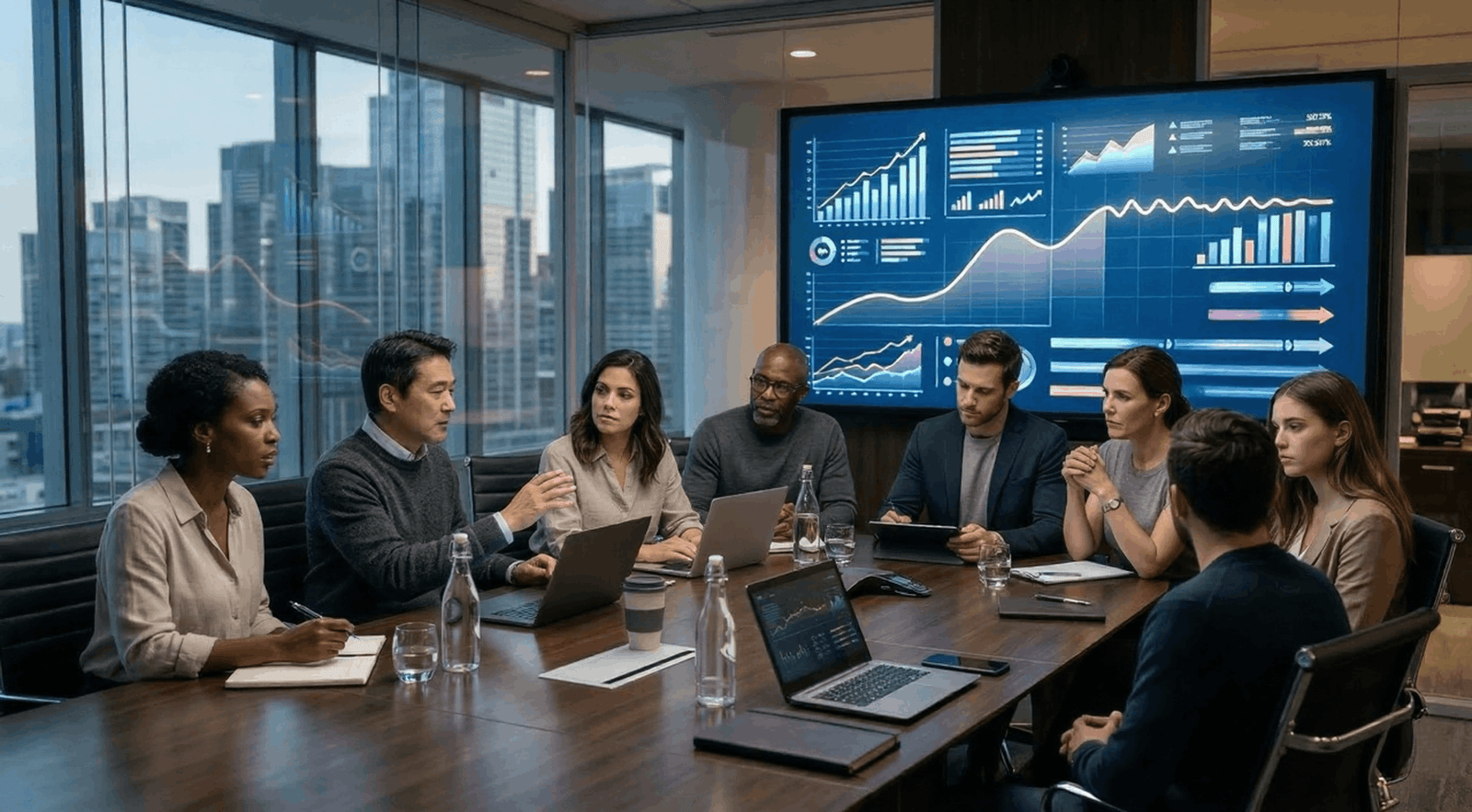 Business meeting in modern boardroom.