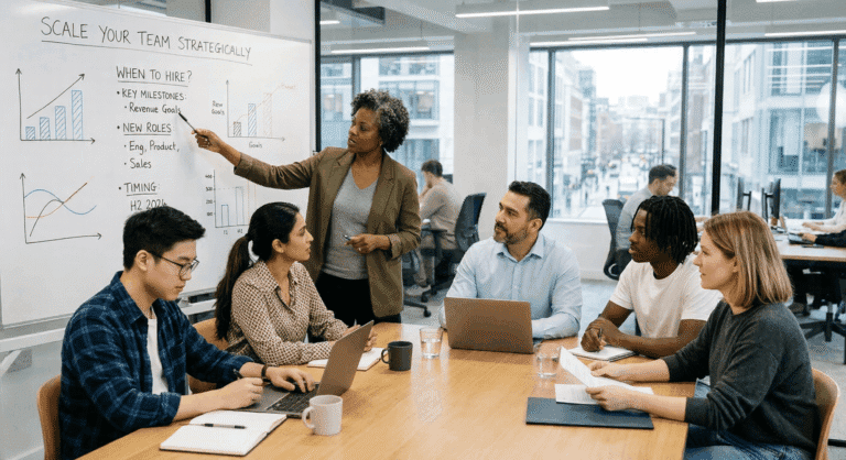 Team meeting discussing hiring strategy.