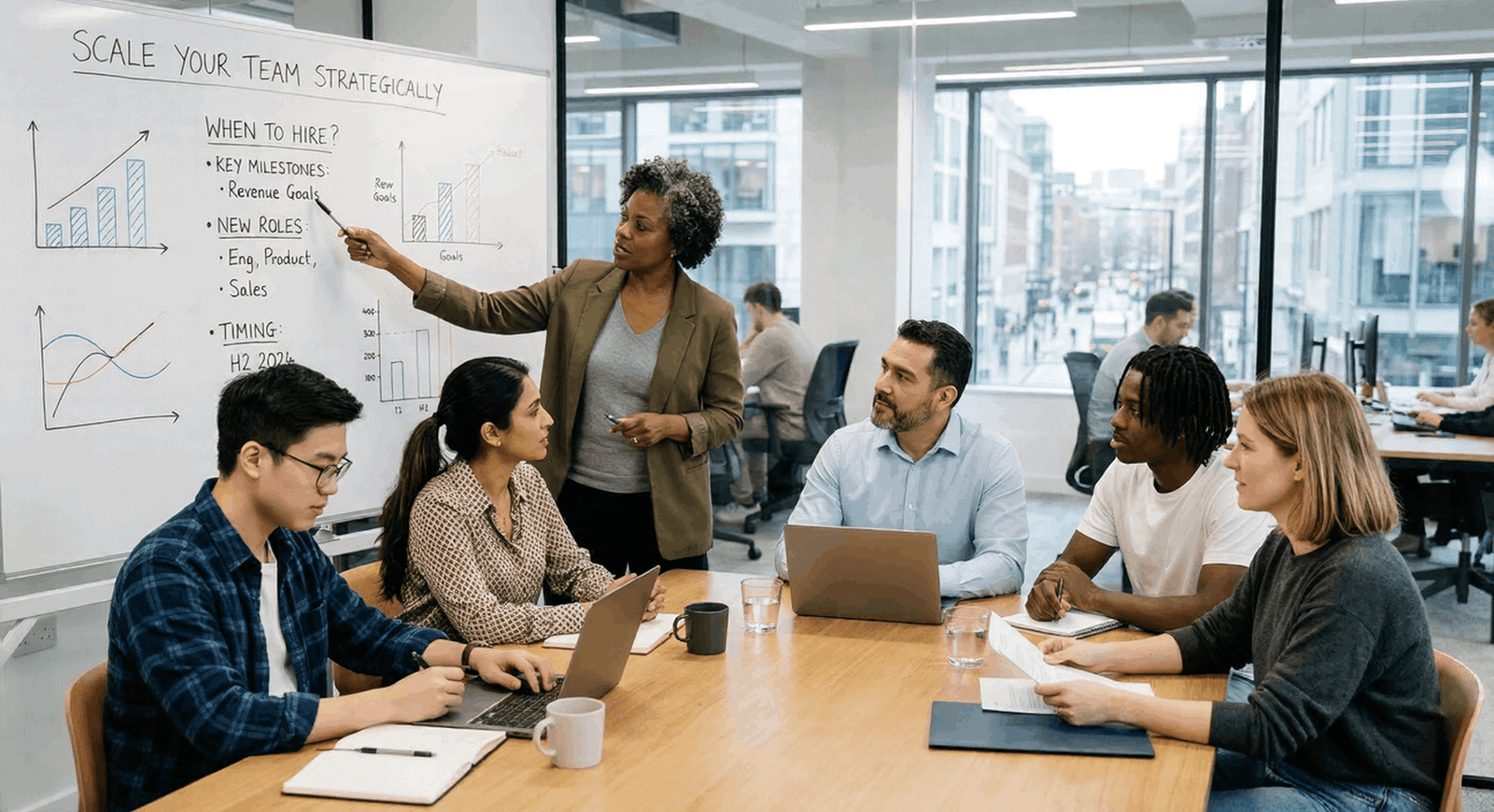 Team meeting discussing hiring strategy.