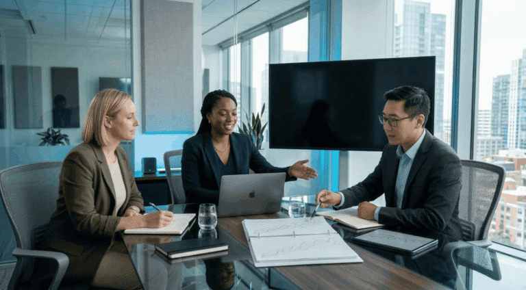 Three colleagues in a business meeting