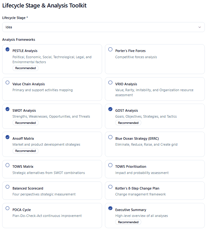Lifecycle Stage and Analysis Toolkit options