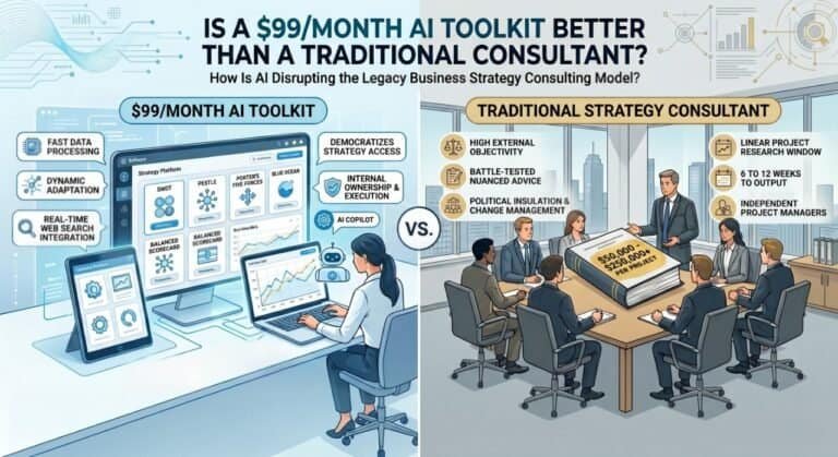An infographic comparing a $99/month AI strategy toolkit, depicted as a user interacting with software, against a traditional strategy consultancy, shown as a team in a boardroom with an expensive project binder. The image highlights cost, speed, and approach differences.