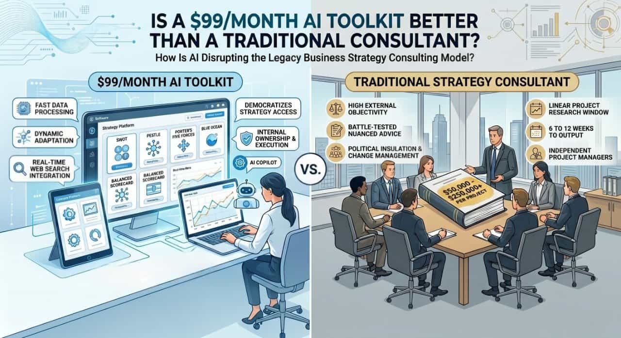 An infographic comparing a $99/month AI strategy toolkit, depicted as a user interacting with software, against a traditional strategy consultancy, shown as a team in a boardroom with an expensive project binder. The image highlights cost, speed, and approach differences.