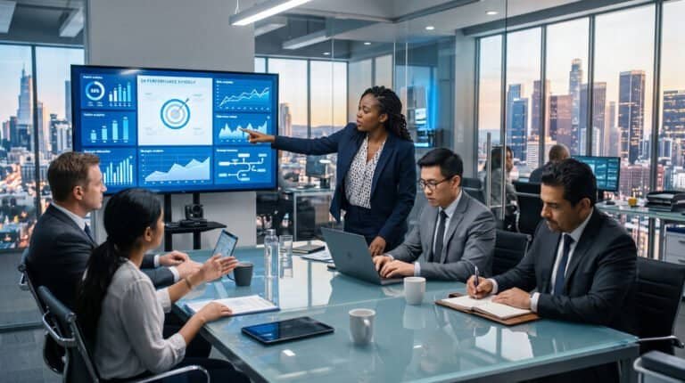 A professional presenting data on a large display screen showing performance charts, targets, and analytics to colleagues seated around a conference table in a high-rise office overlooking a city skyline.