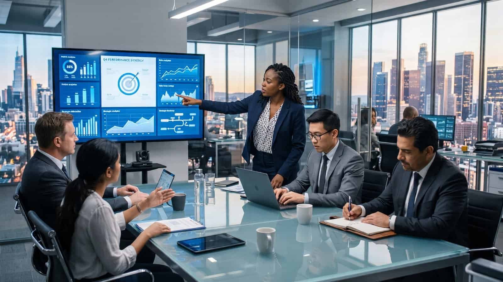 A professional presenting data on a large display screen showing performance charts, targets, and analytics to colleagues seated around a conference table in a high-rise office overlooking a city skyline.