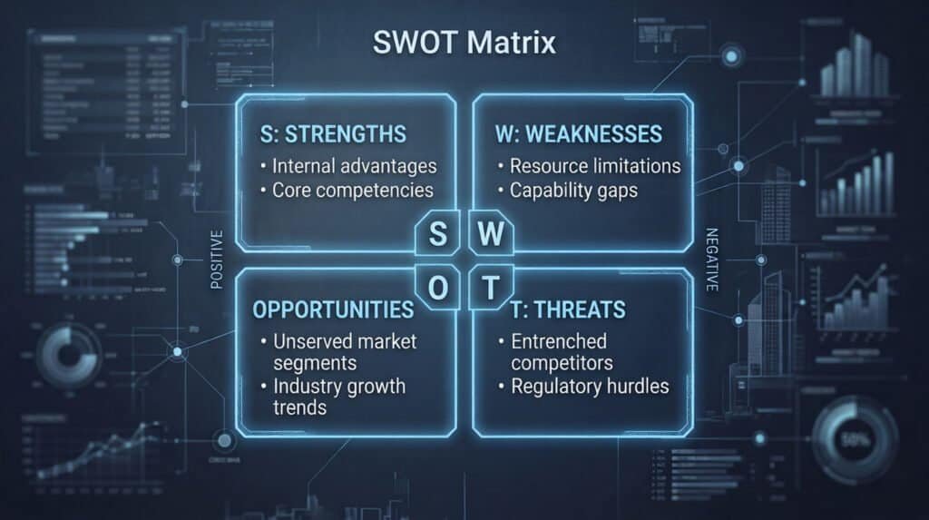 A SWOT Matrix diagram outlining four quadrants: Strengths (Internal advantages, Core competencies), Weaknesses (Resource limitations, Capability gaps), Opportunities (Unserved market segments, Industry growth trends), and Threats (Entrenched competitors, Regulatory hurdles).