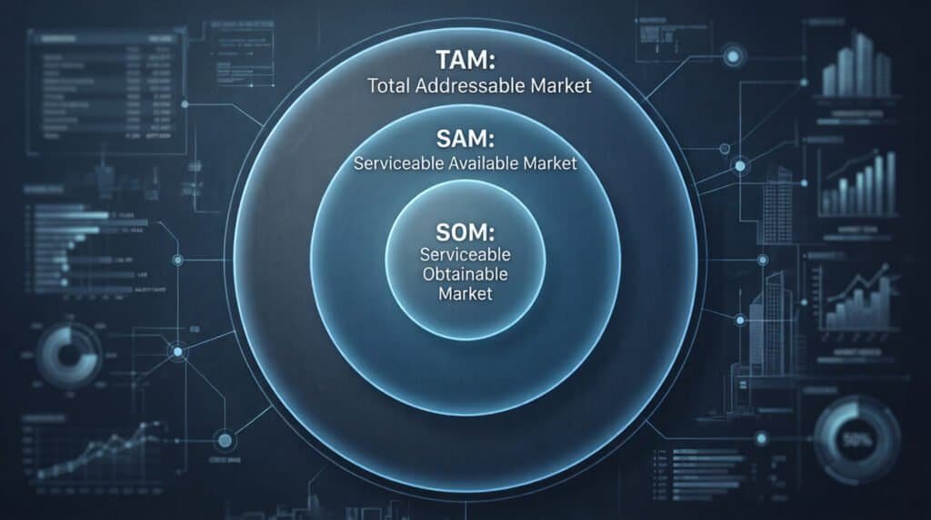 A concentric circle diagram showing market sizing: the outer circle is TAM (Total Addressable Market), the middle circle is SAM (Serviceable Available Market), and the inner circle is SOM (Serviceable Obtainable Market), set against a futuristic digital data dashboard background.